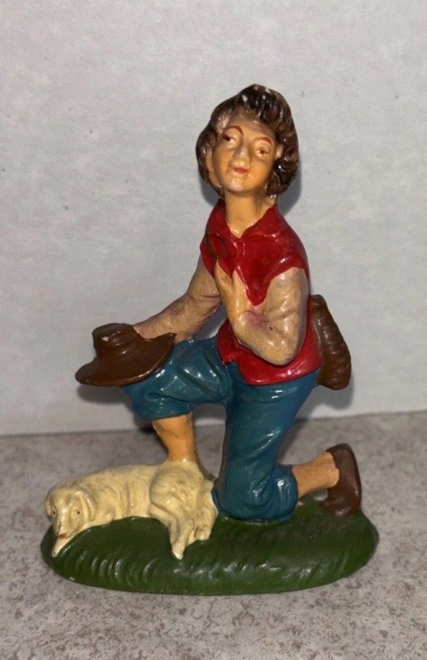Vintage 3.5" Kneeling Shepherd Boy w/ Lamb Nativity Manger Figure Made In Italy